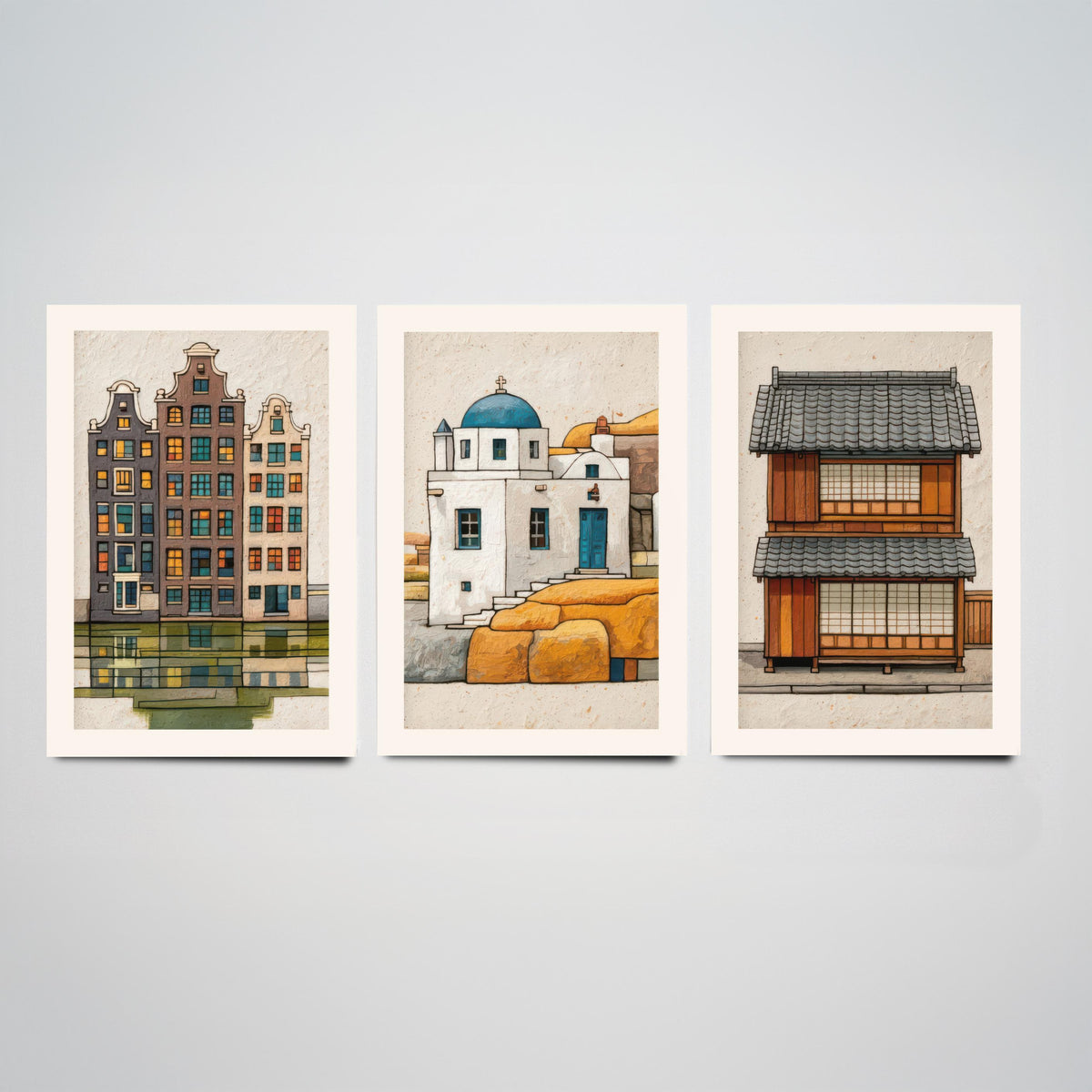 Amsterdam, Santorini & Kyoto Colourful Houses Set of Three Art Prints - Canal, Chapel, Machiya - World Architecture Poster Illustration V1