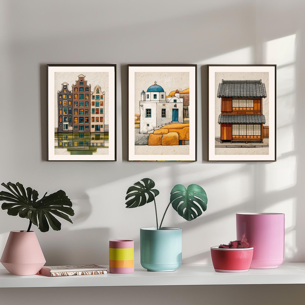 Amsterdam, Santorini & Kyoto Colourful Houses Set of Three Art Prints - Canal, Chapel, Machiya - World Architecture Poster Illustration V1