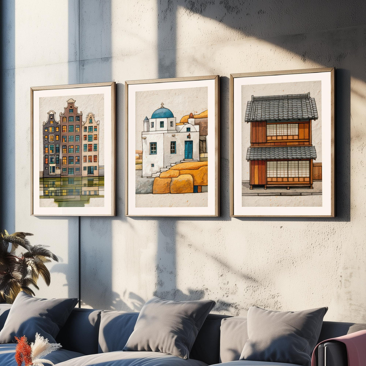 Amsterdam, Santorini & Kyoto Colourful Houses Set of Three Art Prints - Canal, Chapel, Machiya - World Architecture Poster Illustration V1