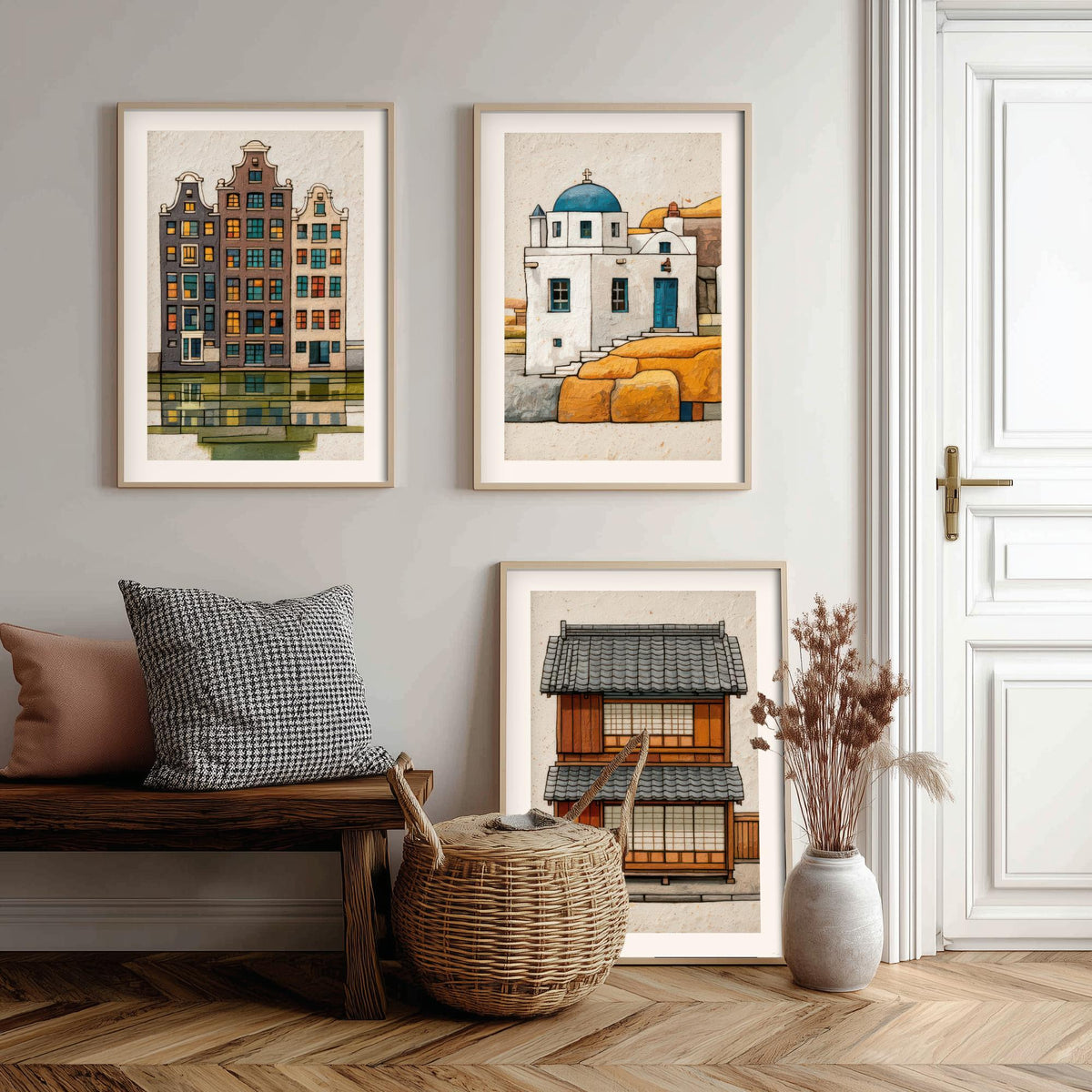 Amsterdam, Santorini & Kyoto Colourful Houses Set of Three Art Prints - Canal, Chapel, Machiya - World Architecture Poster Illustration V1