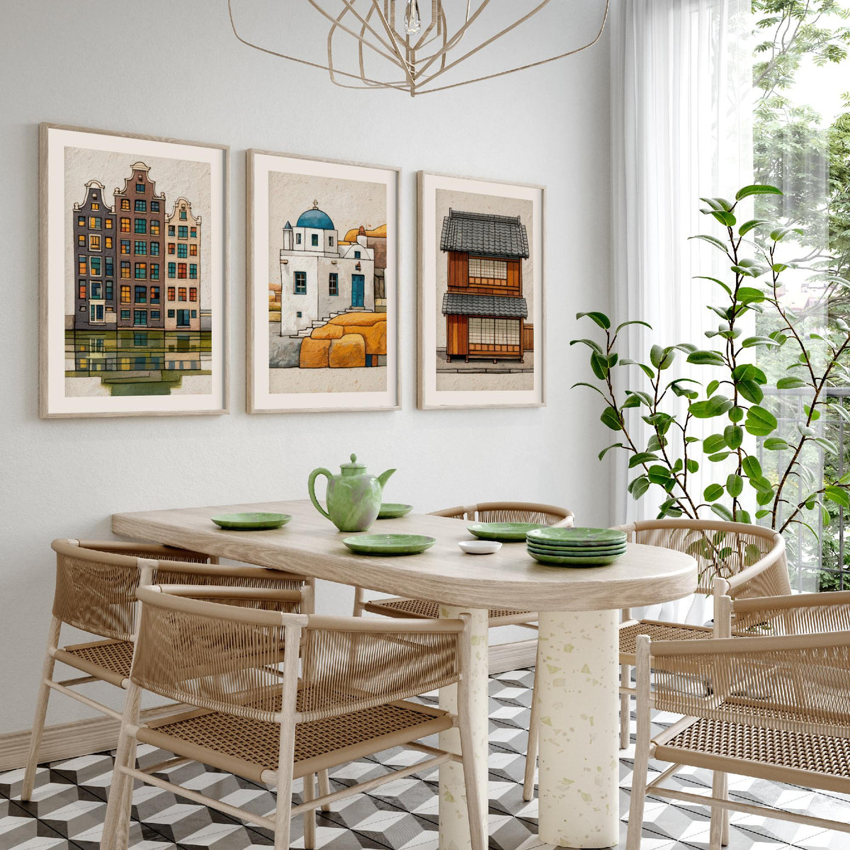 Amsterdam, Santorini & Kyoto Colourful Houses Set of Three Art Prints - Canal, Chapel, Machiya - World Architecture Poster Illustration V1