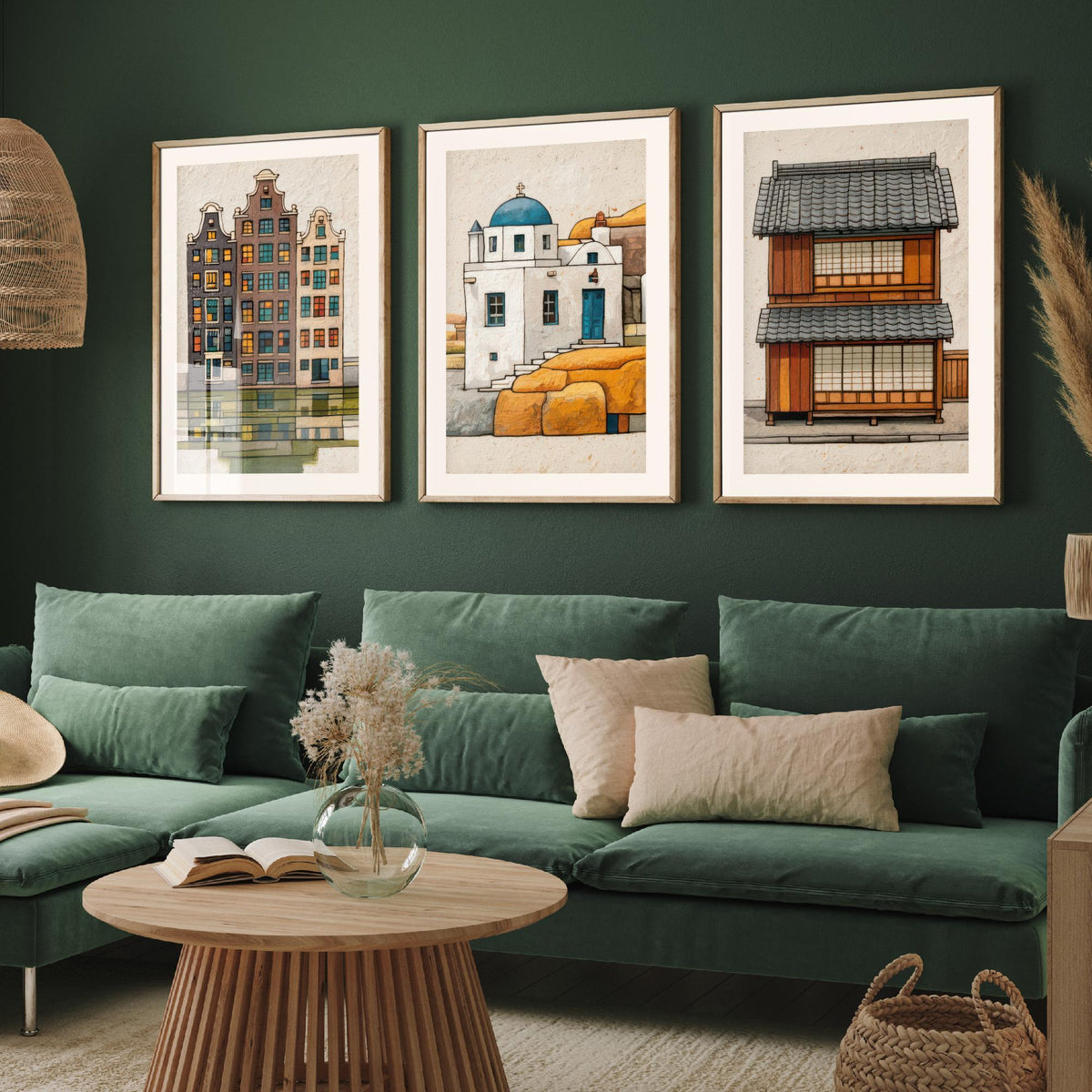 Amsterdam, Santorini & Kyoto Colourful Houses Set of Three Art Prints - Canal, Chapel, Machiya - World Architecture Poster Illustration V1