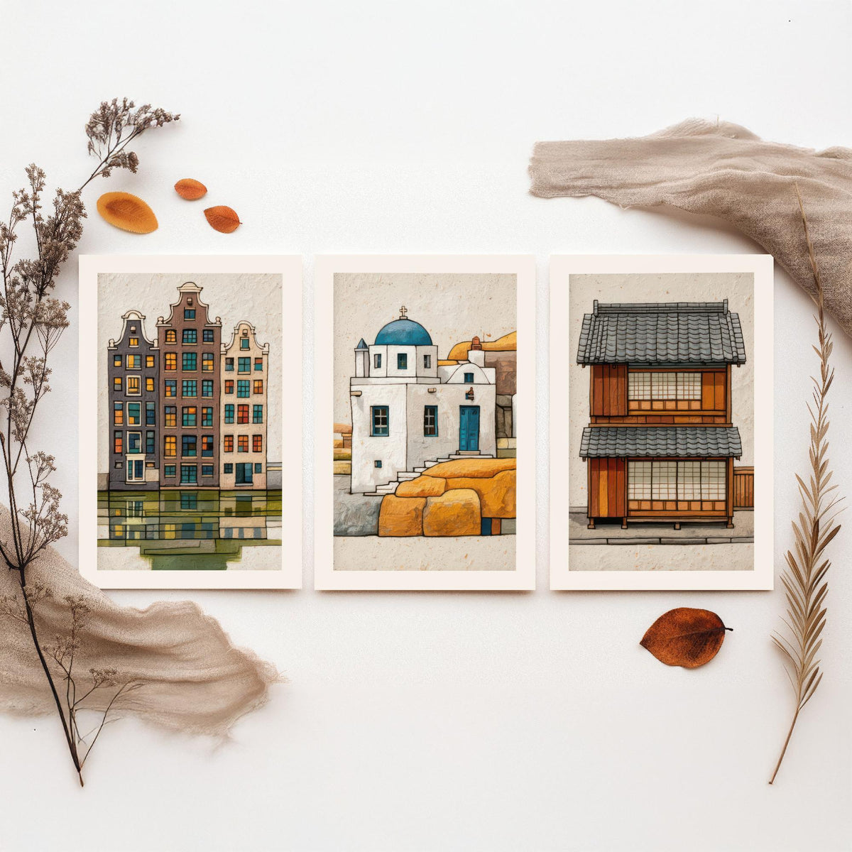 Amsterdam, Santorini & Kyoto Colourful Houses Set of Three Art Prints - Canal, Chapel, Machiya - World Architecture Poster Illustration V1