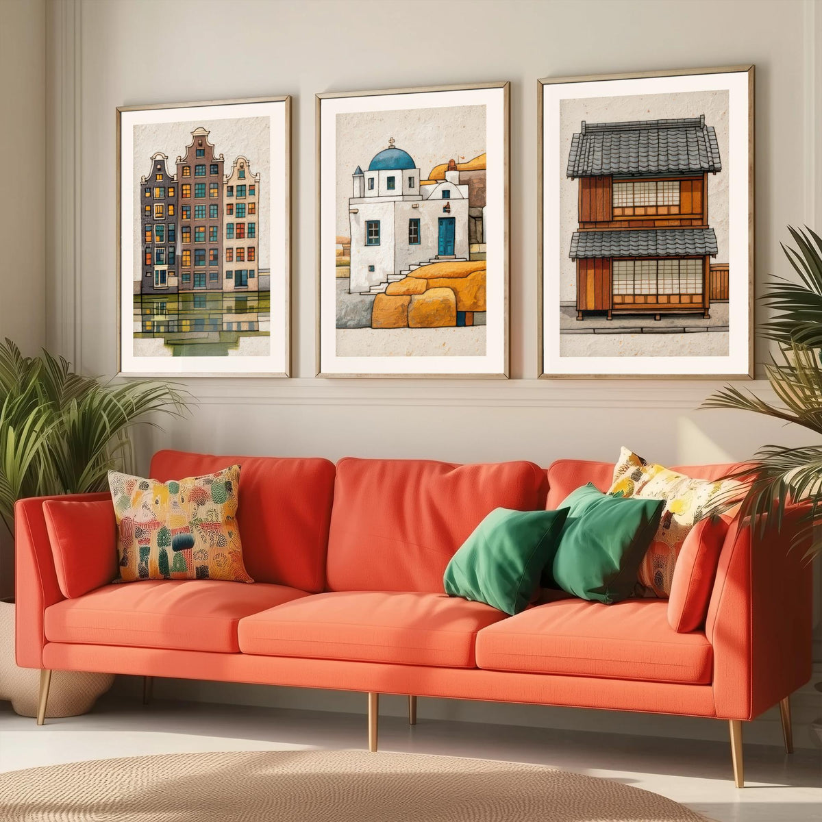 Amsterdam, Santorini & Kyoto Colourful Houses Set of Three Art Prints - Canal, Chapel, Machiya - World Architecture Poster Illustration V1