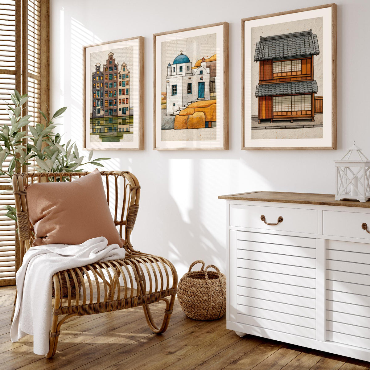 Amsterdam, Santorini & Kyoto Colourful Houses Set of Three Art Prints - Canal, Chapel, Machiya - World Architecture Poster Illustration V1