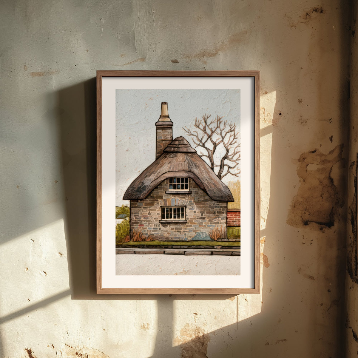 Thatched Stone Cottage Art Print - English Countryside Poster - Winter Tree Illustration V2 1/3