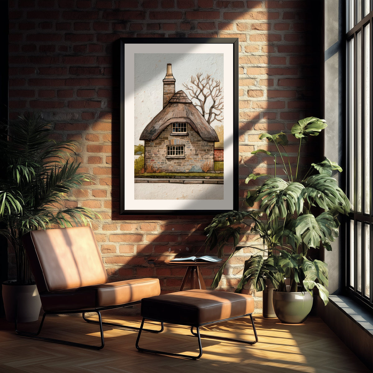 Thatched Stone Cottage Art Print - English Countryside Poster - Winter Tree Illustration V2 1/3