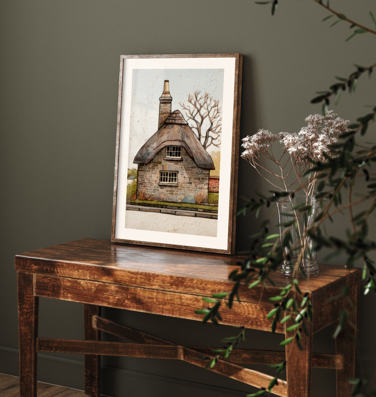 Thatched Stone Cottage Art Print - English Countryside Poster - Winter Tree Illustration V2 1/3