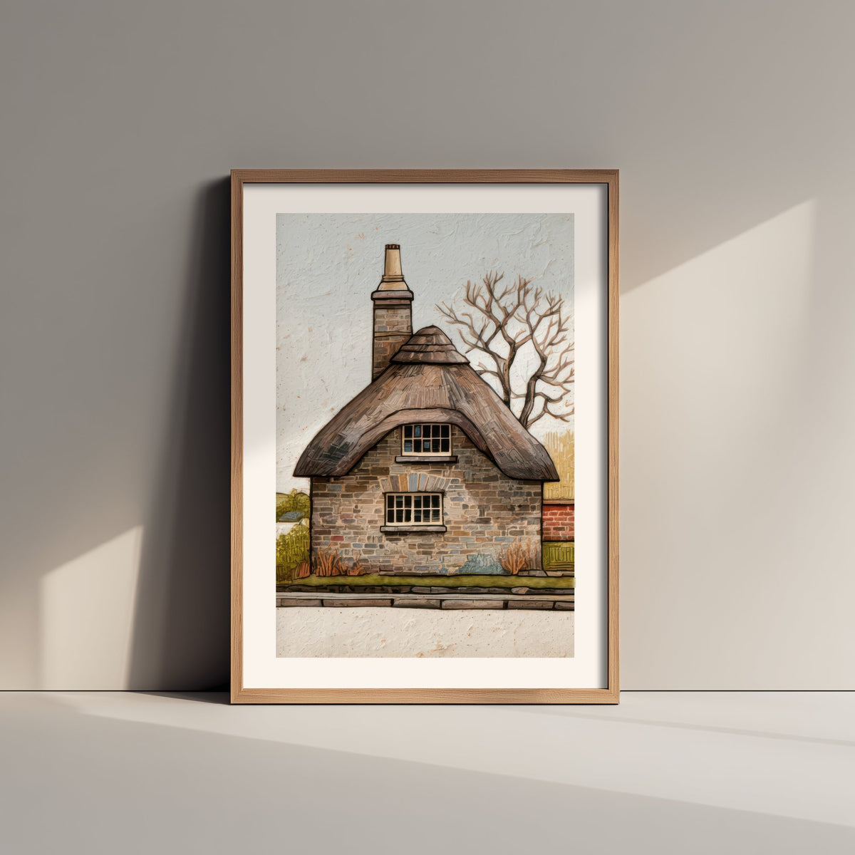 Thatched Stone Cottage Art Print - English Countryside Poster - Winter Tree Illustration V2 1/3