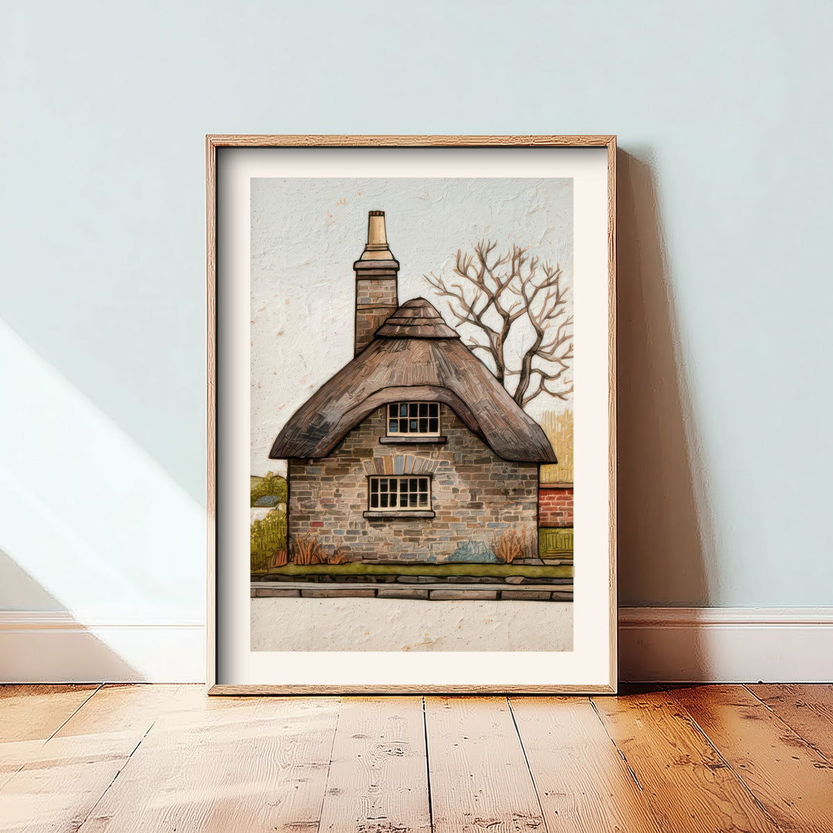 Thatched Stone Cottage Art Print - English Countryside Poster - Winter Tree Illustration V2 1/3