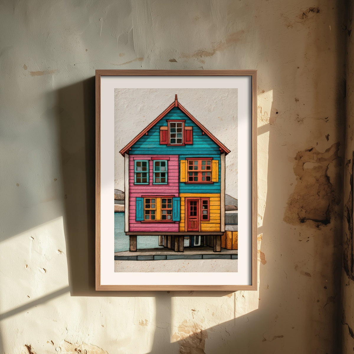 Colourful Stilt House Poster - Pink, Turquoise and Yellow Palafito Art Print - Chilean Waterfront Illustration V2 2/3