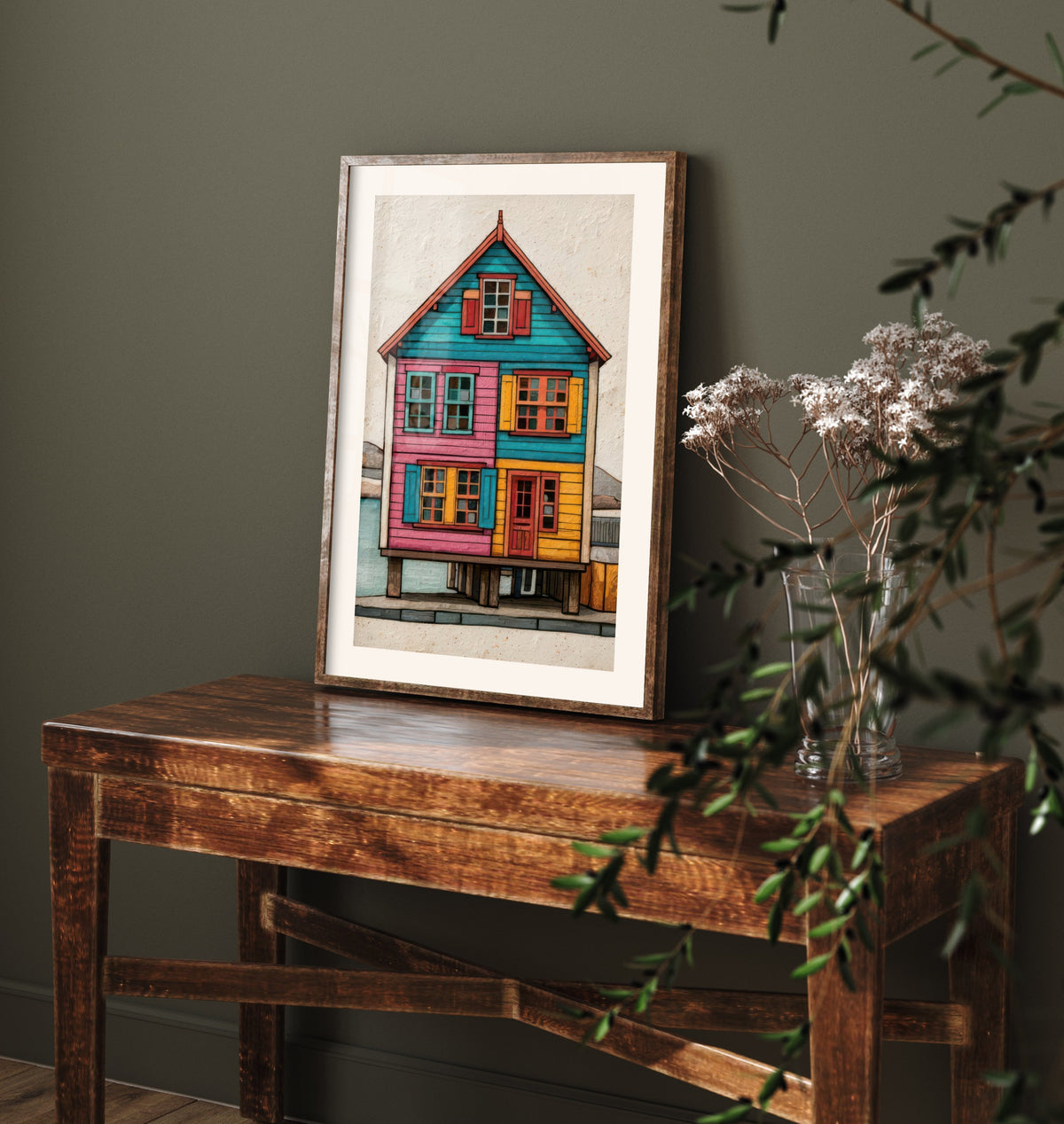 Colourful Stilt House Poster - Pink, Turquoise and Yellow Palafito Art Print - Chilean Waterfront Illustration V2 2/3