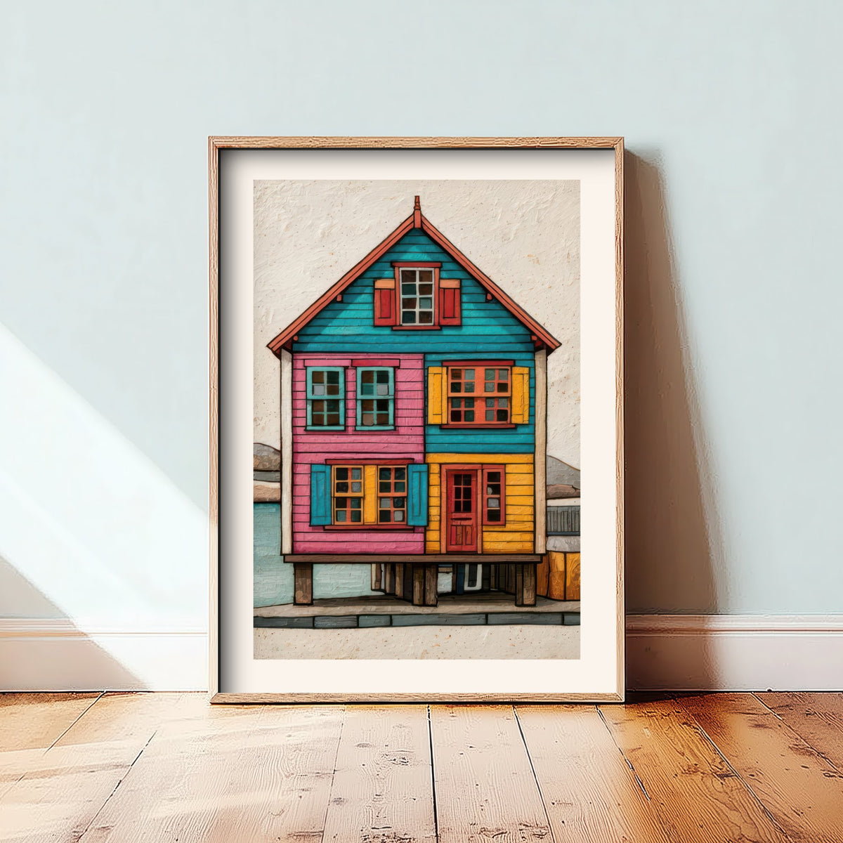 Colourful Stilt House Poster - Pink, Turquoise and Yellow Palafito Art Print - Chilean Waterfront Illustration V2 2/3