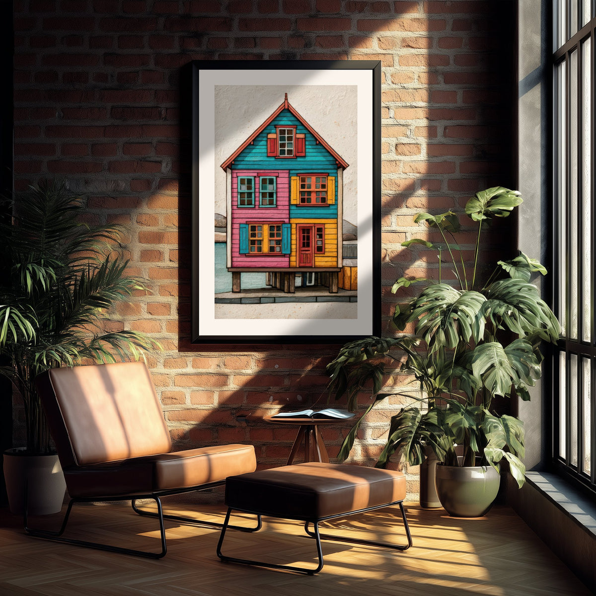 Colourful Stilt House Poster - Pink, Turquoise and Yellow Palafito Art Print - Chilean Waterfront Illustration V2 2/3