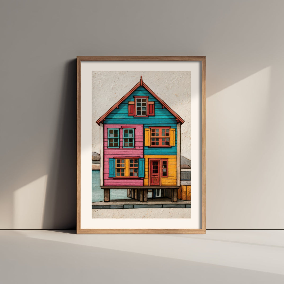 Colourful Stilt House Poster - Pink, Turquoise and Yellow Palafito Art Print - Chilean Waterfront Illustration V2 2/3