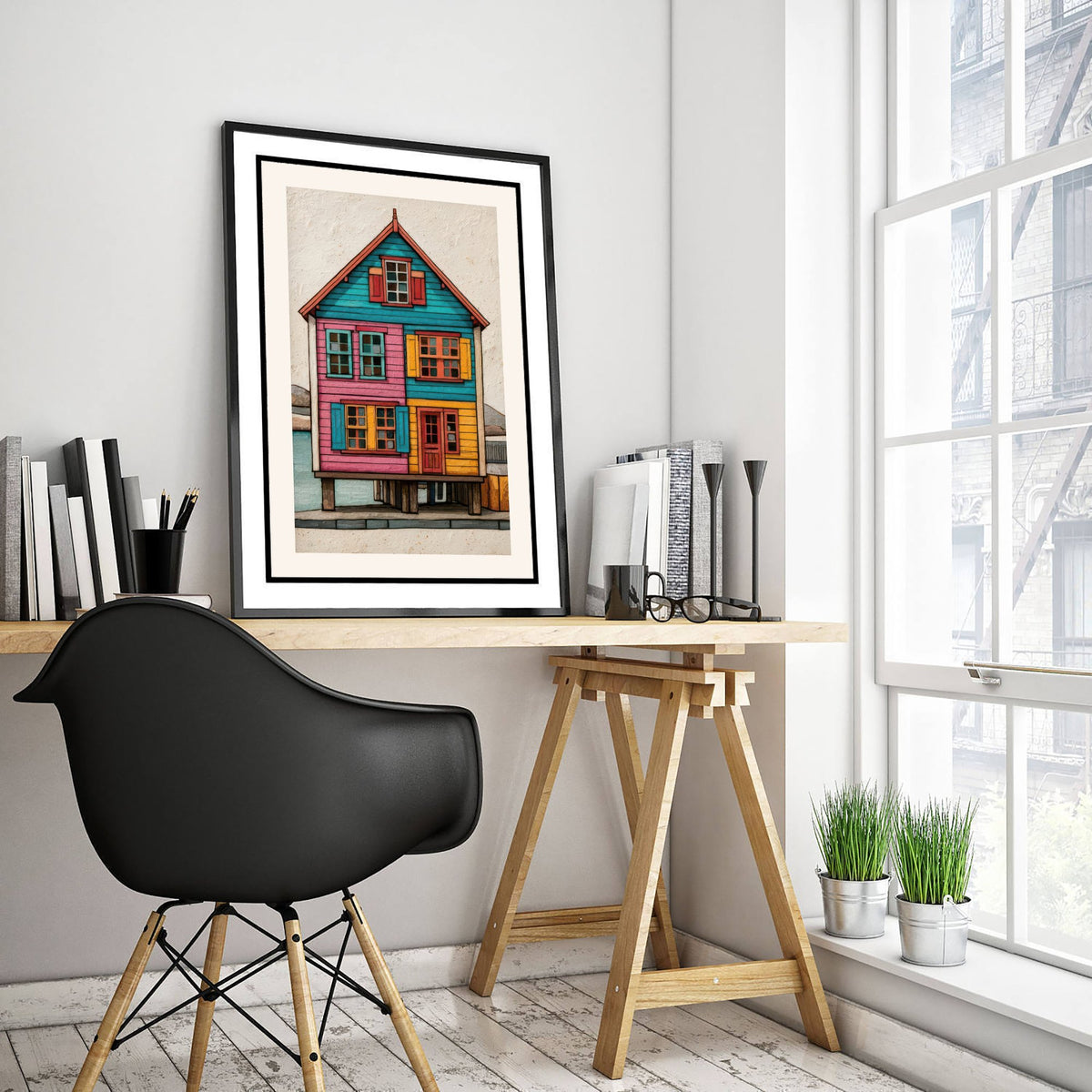 Colourful Stilt House Poster - Pink, Turquoise and Yellow Palafito Art Print - Chilean Waterfront Illustration V2 2/3