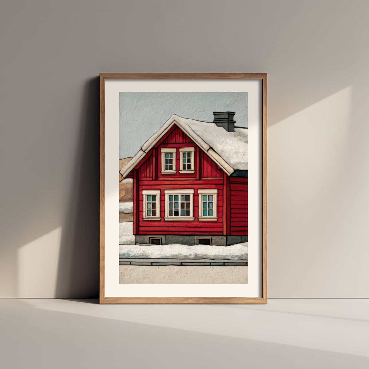 Red Scandinavian House Art Print - Snowy Nordic Winter Poster - Barn Red Cabin Illustration V2 3/3