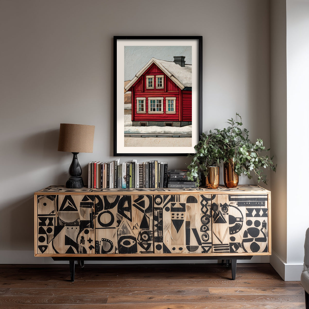 Red Scandinavian House Art Print - Snowy Nordic Winter Poster - Barn Red Cabin Illustration V2 3/3