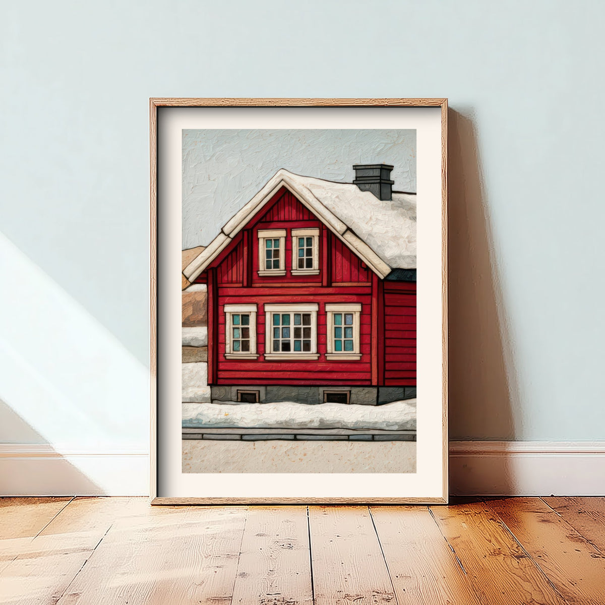 Red Scandinavian House Art Print - Snowy Nordic Winter Poster - Barn Red Cabin Illustration V2 3/3