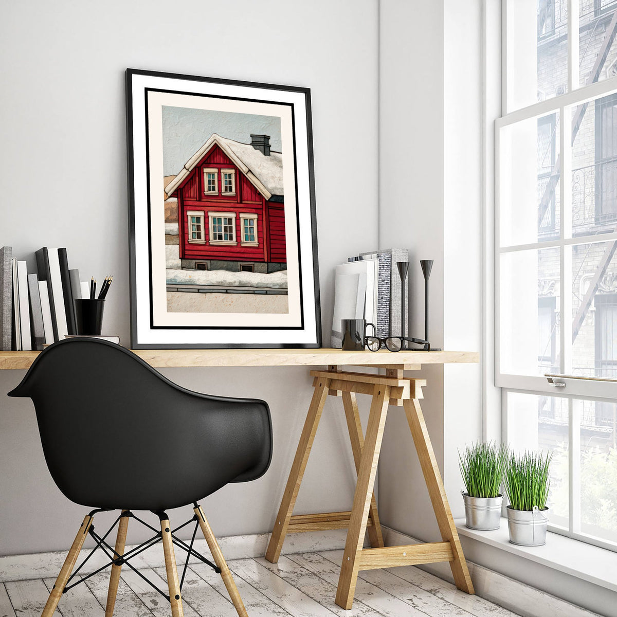Red Scandinavian House Art Print - Snowy Nordic Winter Poster - Barn Red Cabin Illustration V2 3/3