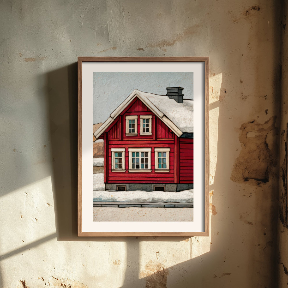 Red Scandinavian House Art Print - Snowy Nordic Winter Poster - Barn Red Cabin Illustration V2 3/3