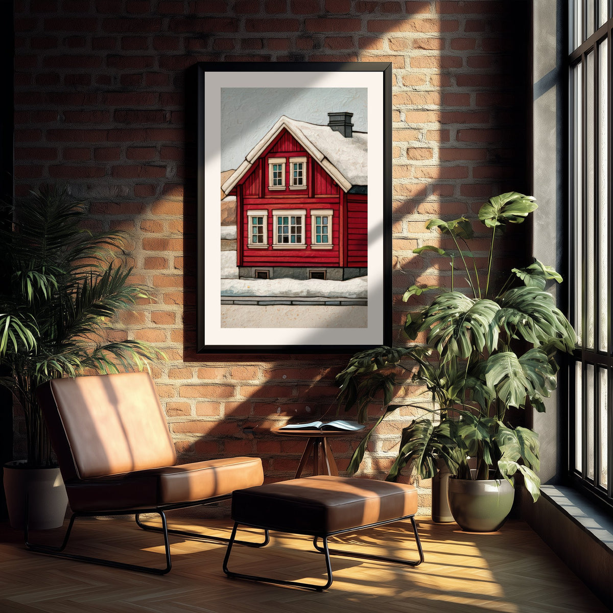 Red Scandinavian House Art Print - Snowy Nordic Winter Poster - Barn Red Cabin Illustration V2 3/3