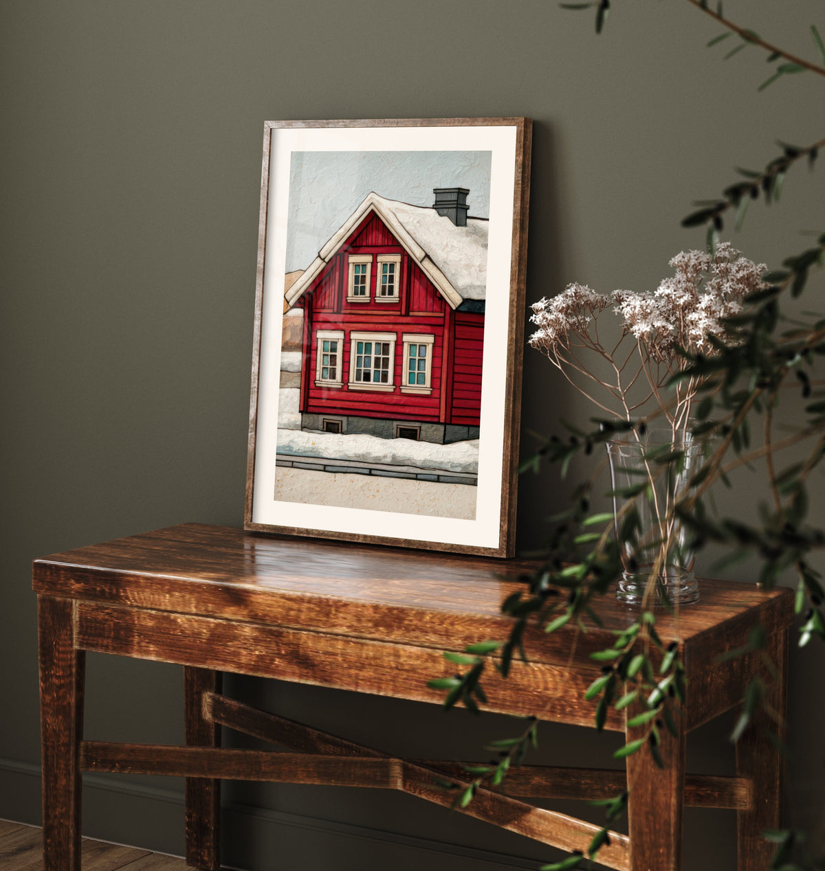 Red Scandinavian House Art Print - Snowy Nordic Winter Poster - Barn Red Cabin Illustration V2 3/3