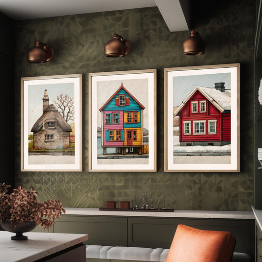 Thatched Cottage, Stilt House & Snowy Red Cabin Set of Three Art Prints - Colourful Houses of the World Poster Illustration V2