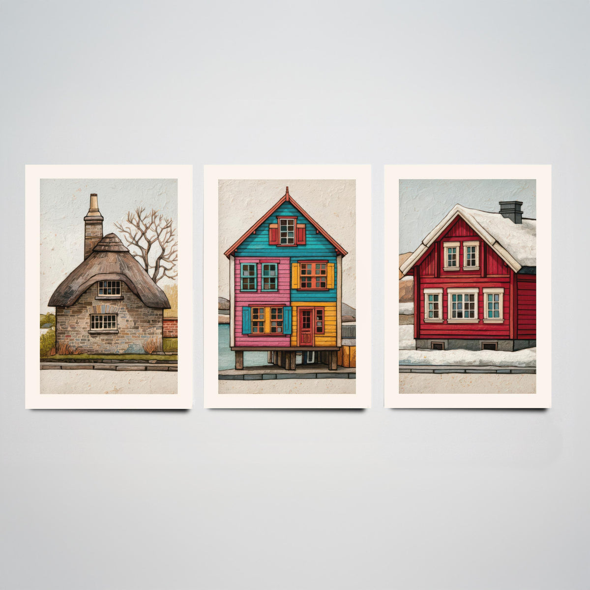 Thatched Cottage, Stilt House & Snowy Red Cabin Set of Three Art Prints - Colourful Houses of the World Poster Illustration V2