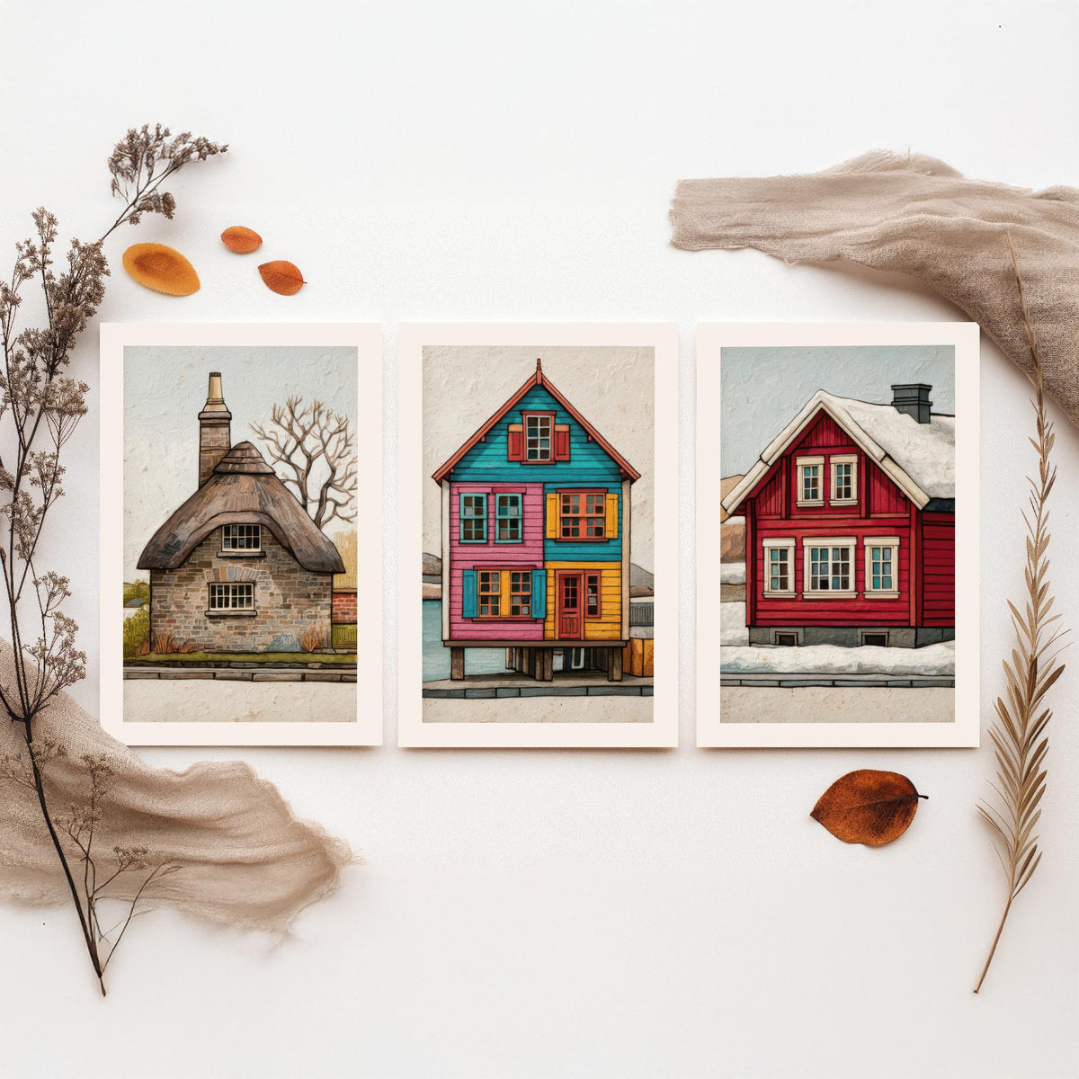 Thatched Cottage, Stilt House & Snowy Red Cabin Set of Three Art Prints - Colourful Houses of the World Poster Illustration V2