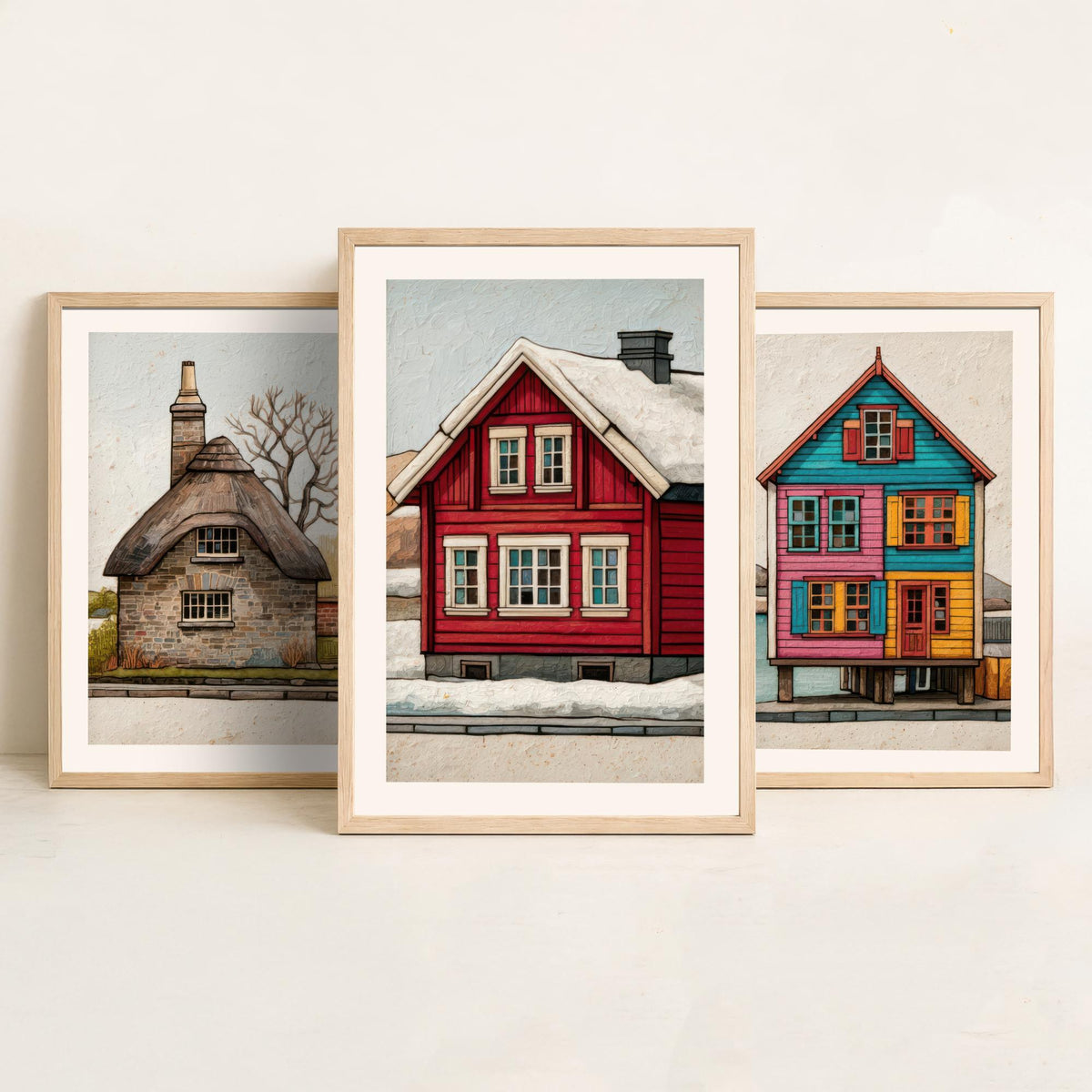 Thatched Cottage, Stilt House & Snowy Red Cabin Set of Three Art Prints - Colourful Houses of the World Poster Illustration V2