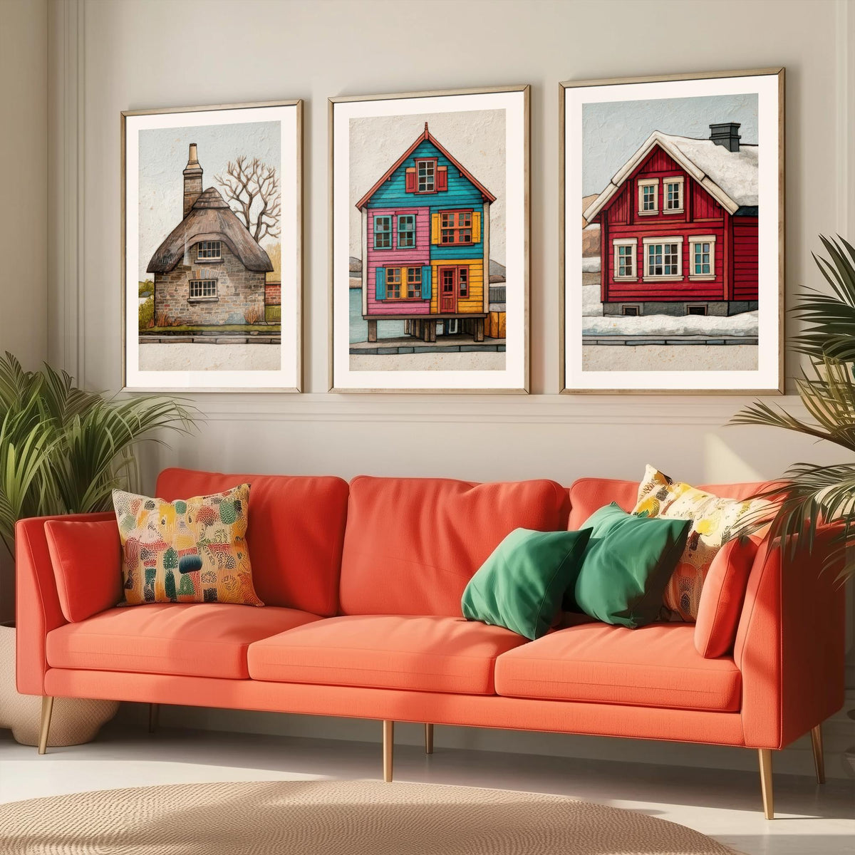 Thatched Cottage, Stilt House & Snowy Red Cabin Set of Three Art Prints - Colourful Houses of the World Poster Illustration V2