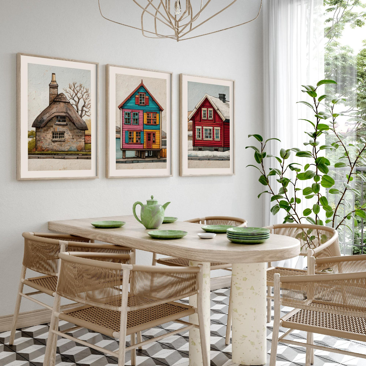 Thatched Cottage, Stilt House & Snowy Red Cabin Set of Three Art Prints - Colourful Houses of the World Poster Illustration V2