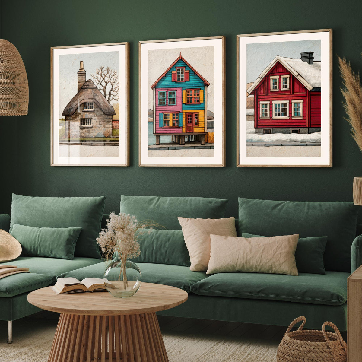 Thatched Cottage, Stilt House & Snowy Red Cabin Set of Three Art Prints - Colourful Houses of the World Poster Illustration V2