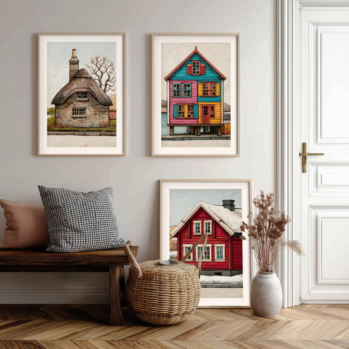 Thatched Cottage, Stilt House & Snowy Red Cabin Set of Three Art Prints - Colourful Houses of the World Poster Illustration V2