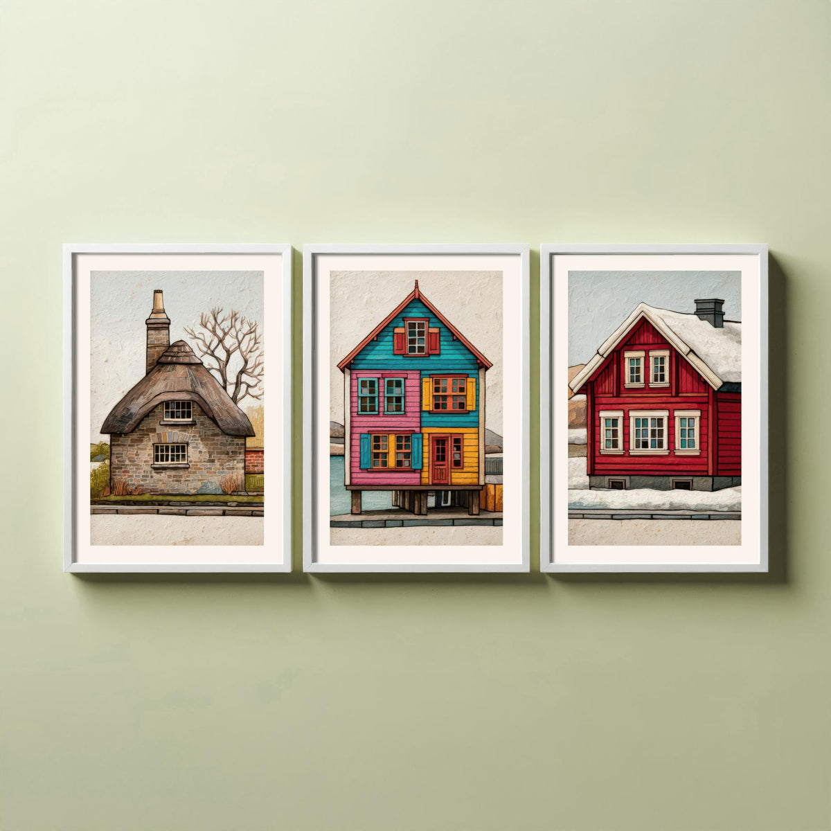 Thatched Cottage, Stilt House & Snowy Red Cabin Set of Three Art Prints - Colourful Houses of the World Poster Illustration V2