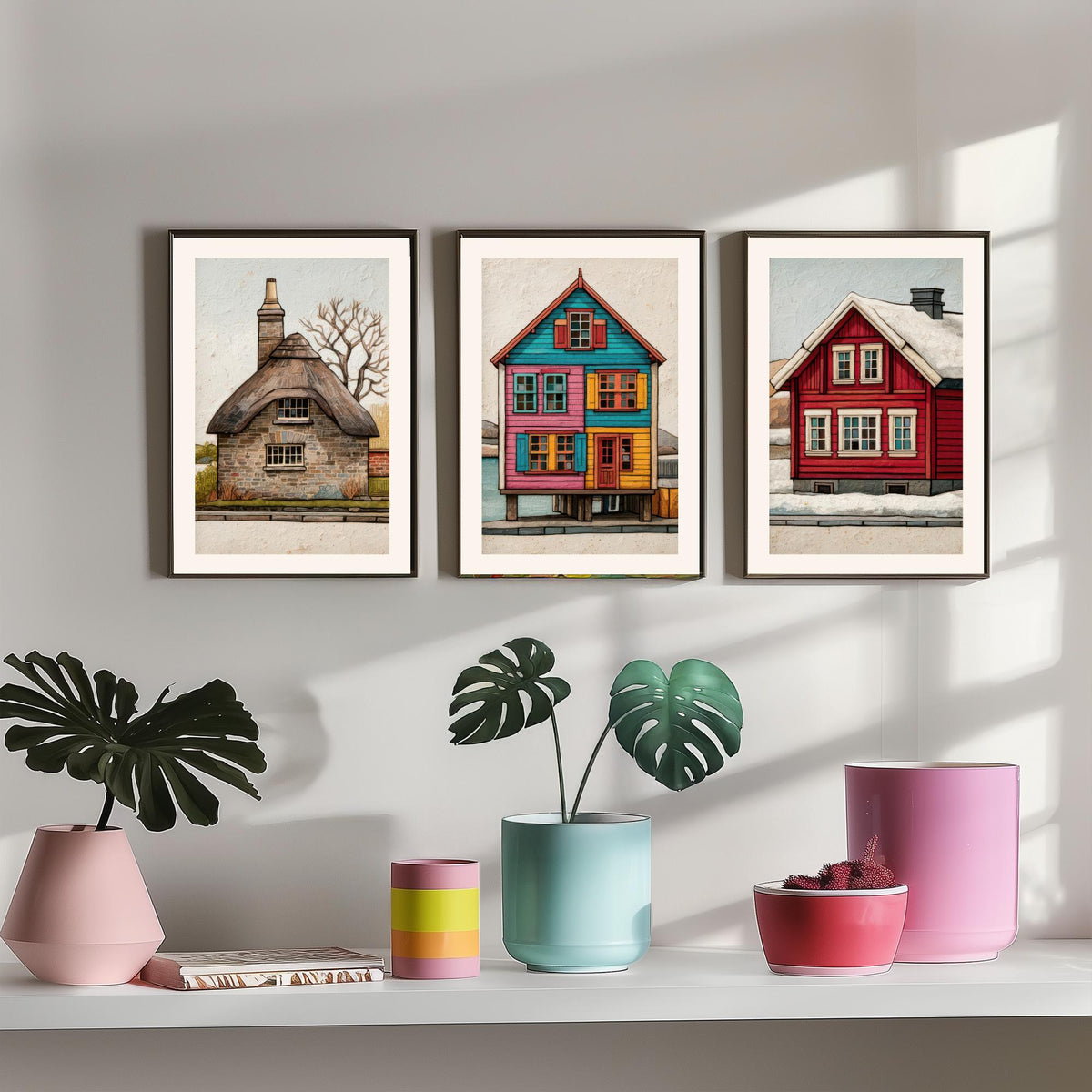 Thatched Cottage, Stilt House & Snowy Red Cabin Set of Three Art Prints - Colourful Houses of the World Poster Illustration V2