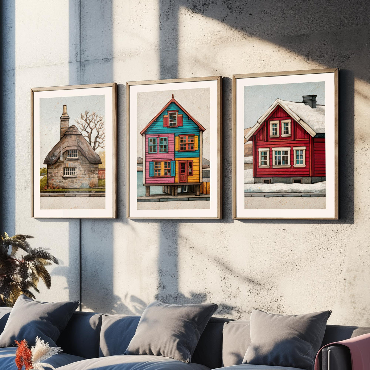 Thatched Cottage, Stilt House & Snowy Red Cabin Set of Three Art Prints - Colourful Houses of the World Poster Illustration V2