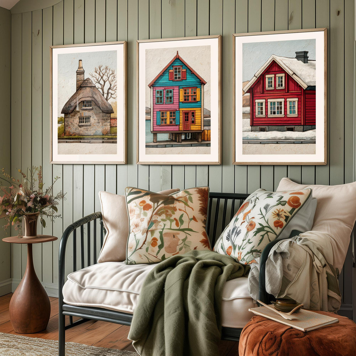 Thatched Cottage, Stilt House & Snowy Red Cabin Set of Three Art Prints - Colourful Houses of the World Poster Illustration V2