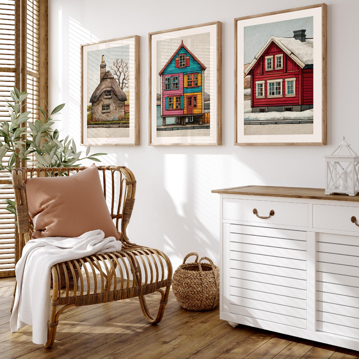 Thatched Cottage, Stilt House & Snowy Red Cabin Set of Three Art Prints - Colourful Houses of the World Poster Illustration V2