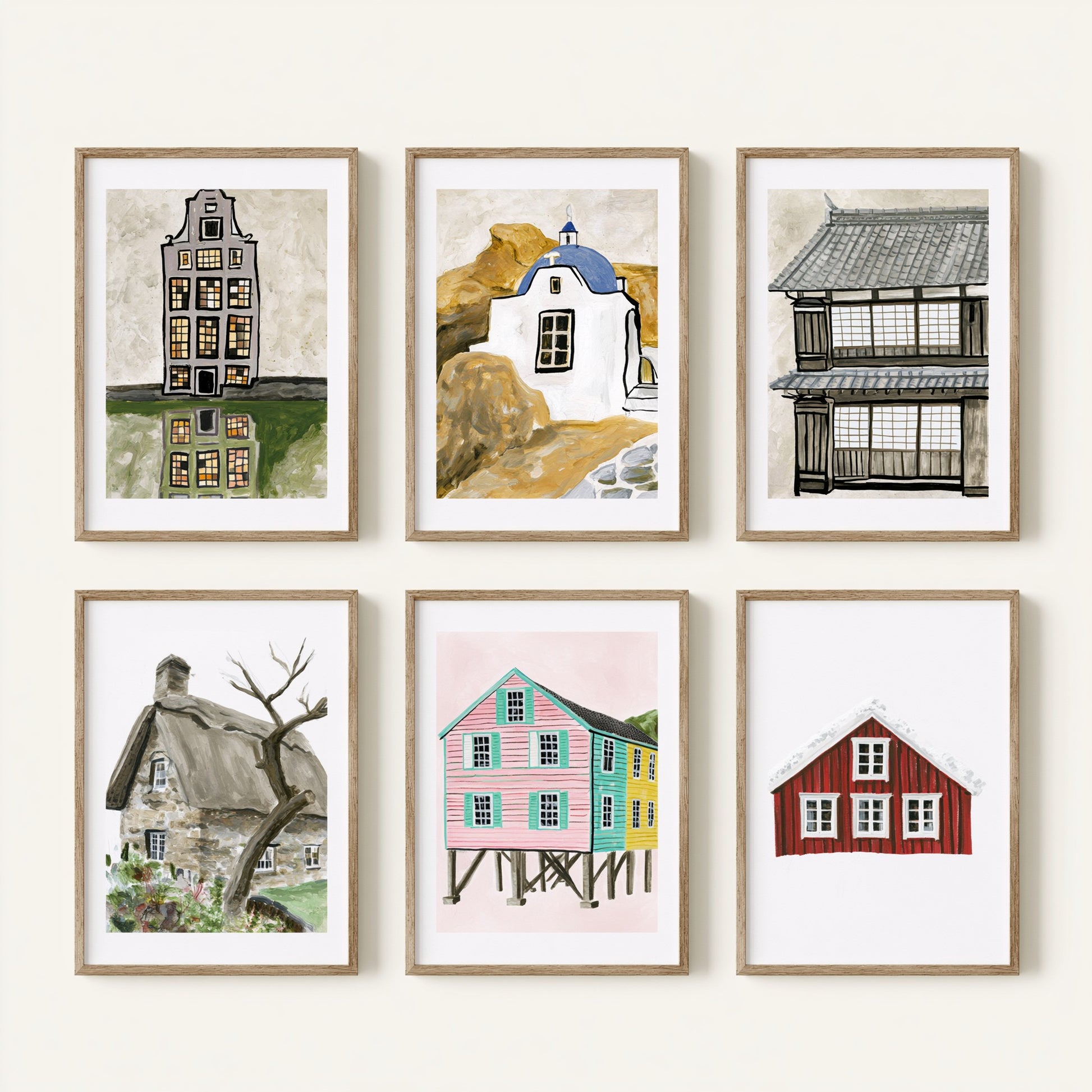 Set of Six World House Paintings - 6 Painterly Art Prints - Amsterdam, Santorini, Japan, Thatched Cottage, Swedish Red Cabin - Poster