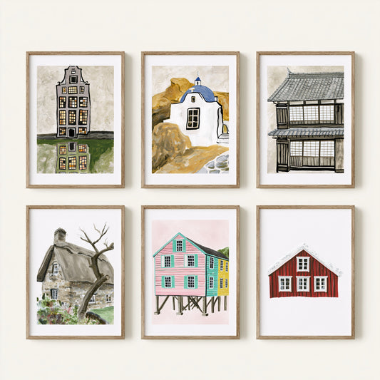 Set of Six World House Paintings - 6 Painterly Art Prints - Amsterdam, Santorini, Japan, Thatched Cottage, Swedish Red Cabin - Poster