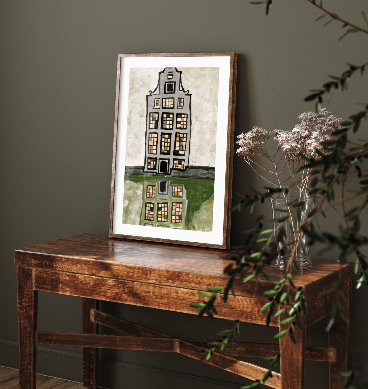 Amsterdam Canal House Art Print - Gouache Style Netherlands Poster - Reflected Gable Illustration V1 1/3