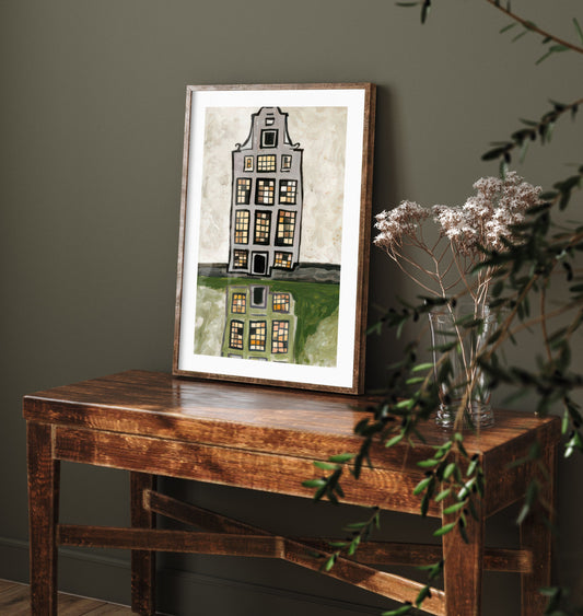 Amsterdam Canal House Art Print - Gouache Style Netherlands Poster - Reflected Gable Illustration V1 1/3