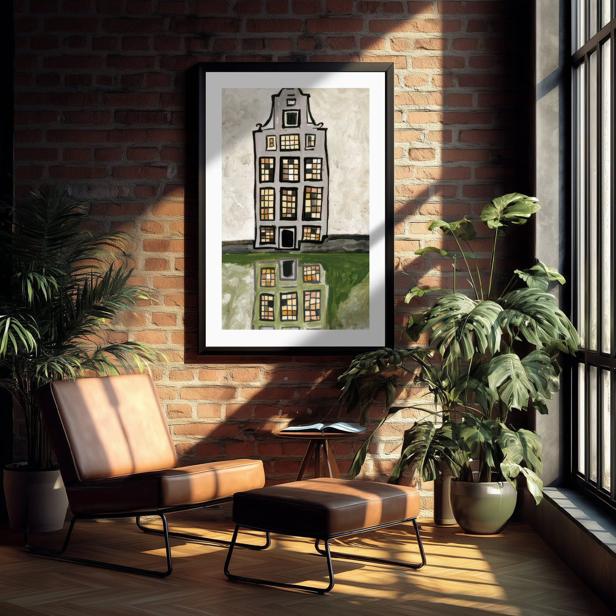 Amsterdam Canal House Art Print - Gouache Style Netherlands Poster - Reflected Gable Illustration V1 1/3