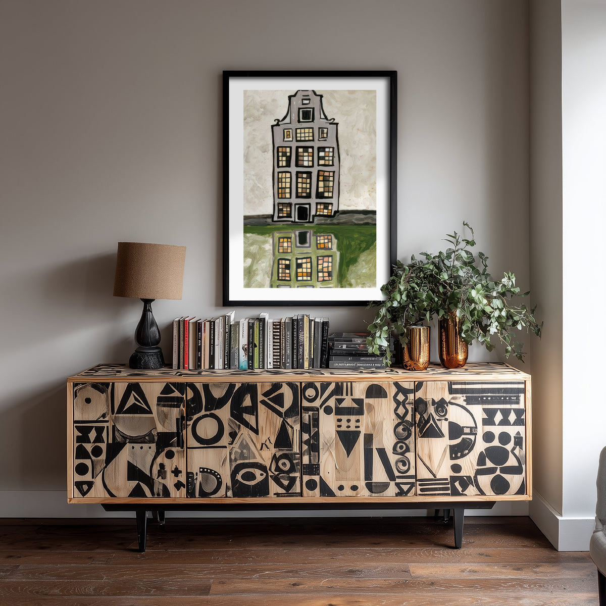 Amsterdam Canal House Art Print - Gouache Style Netherlands Poster - Reflected Gable Illustration V1 1/3