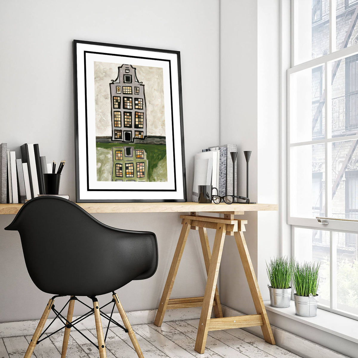 Amsterdam Canal House Art Print - Gouache Style Netherlands Poster - Reflected Gable Illustration V1 1/3