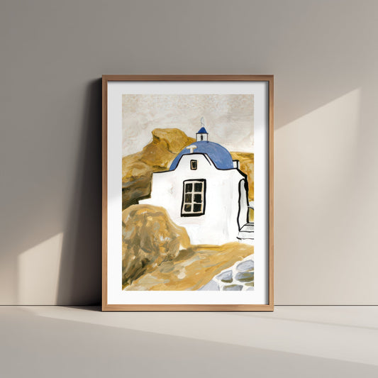 Greek Island Chapel Gouache Style Illustration - Periwinkle Dome Art Print - Cyclades Travel Poster V1 2/3