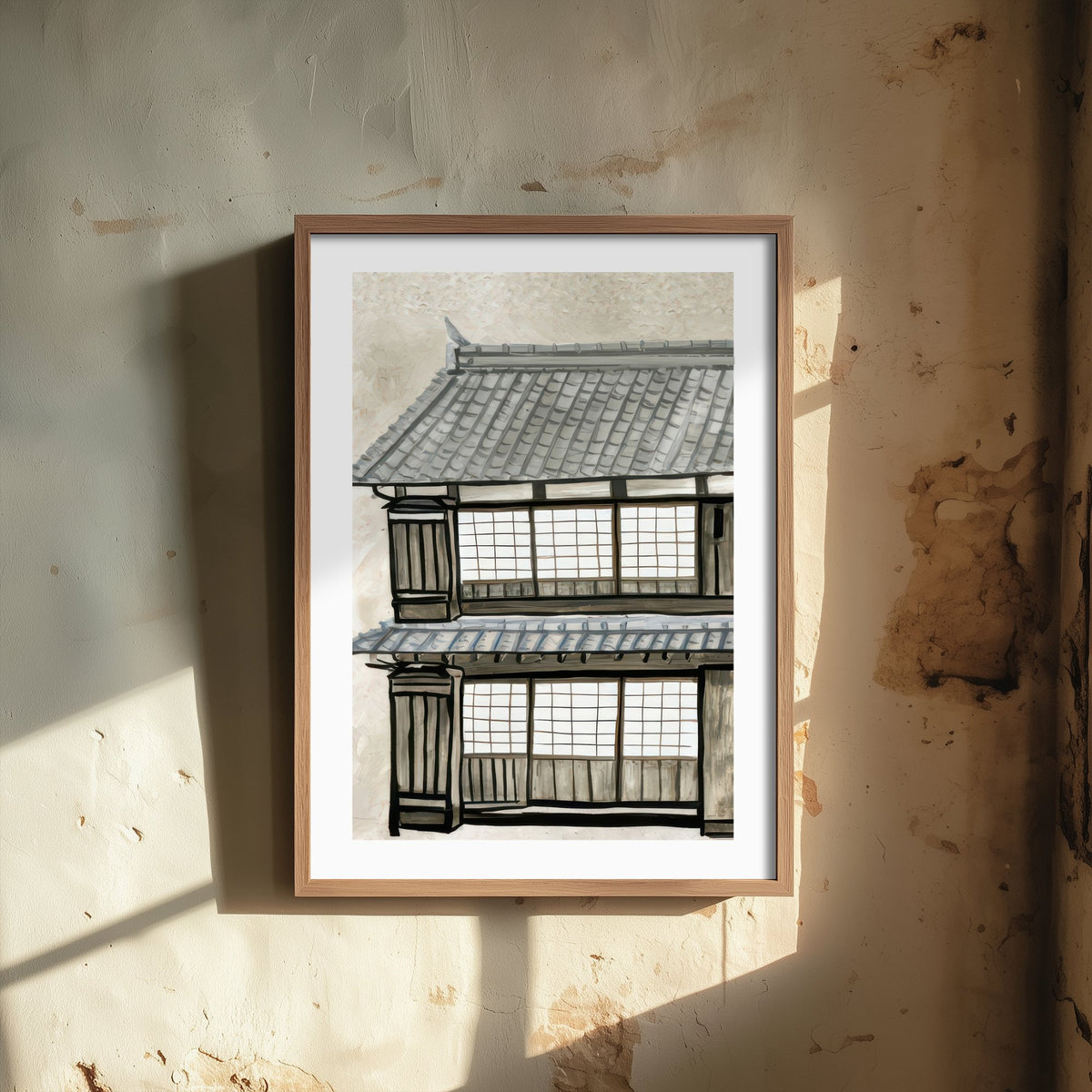 Japanese Townhouse Art Print - Old Kyoto Street Poster - Monochrome Gouache Style Illustration V1 3/3