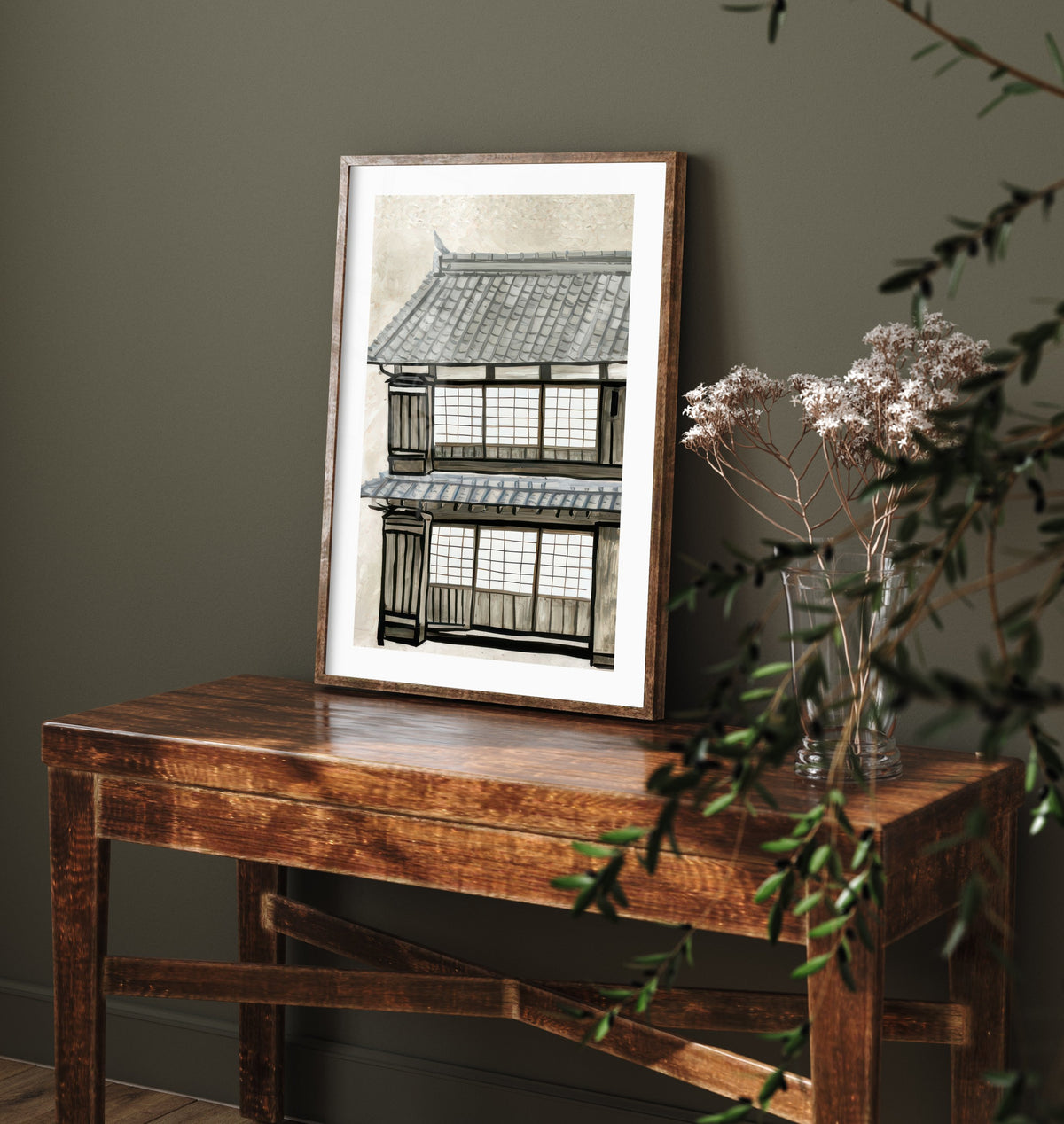Japanese Townhouse Art Print - Old Kyoto Street Poster - Monochrome Gouache Style Illustration V1 3/3
